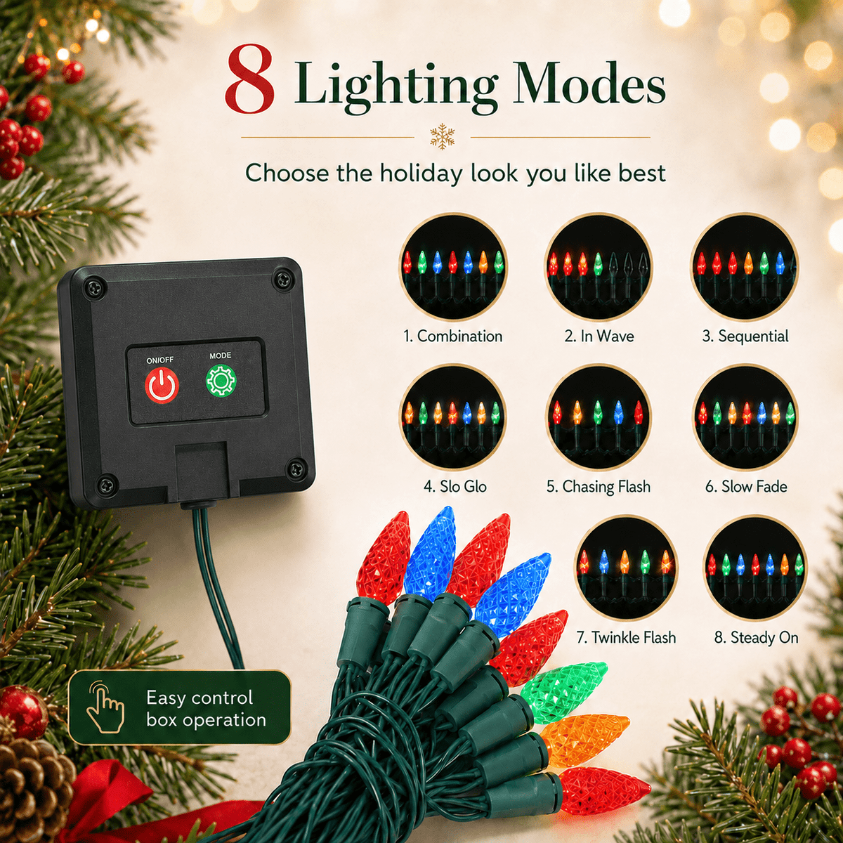 Multicolor C6 Strawberry Bulb Christmas Solar String Lights LED Waterproof Outdoor Decoration Lights for Garden Patio 16.4 FT 50 LED