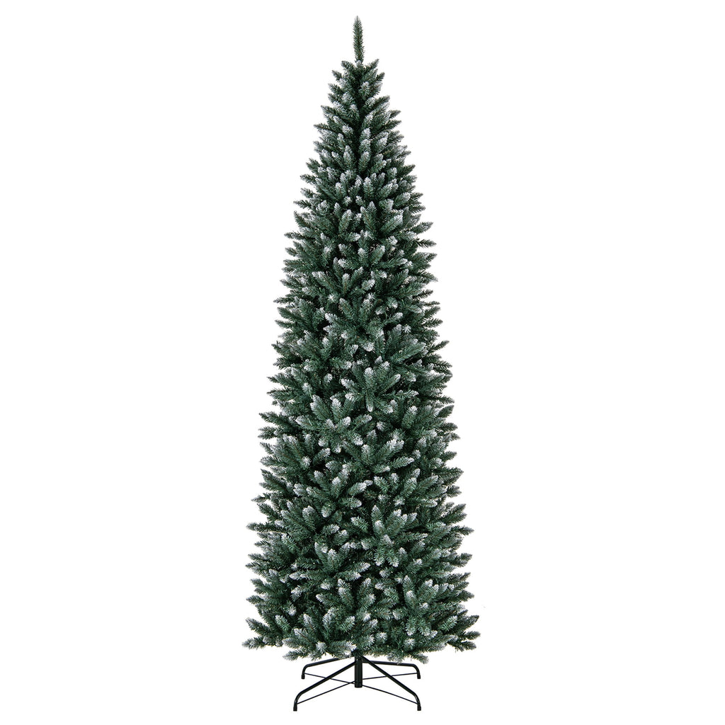 Gymax 9 FT Pre-Lit Artificial Christmas Tree Hinged Slim Pencil Xmas Tree w/ 1298 Snowy Branch Tips