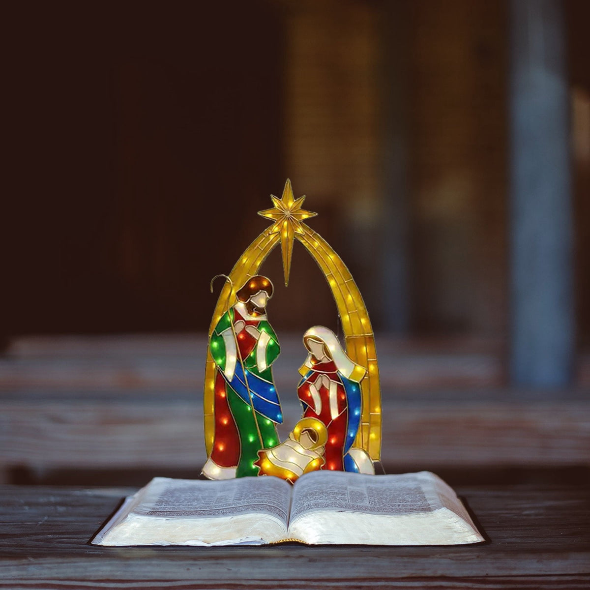 Uutvmp Mini Metal Pre-Lit Patio Decor, Nativity Scene Outdoor Indoor Sparkling Standing Holiday Display