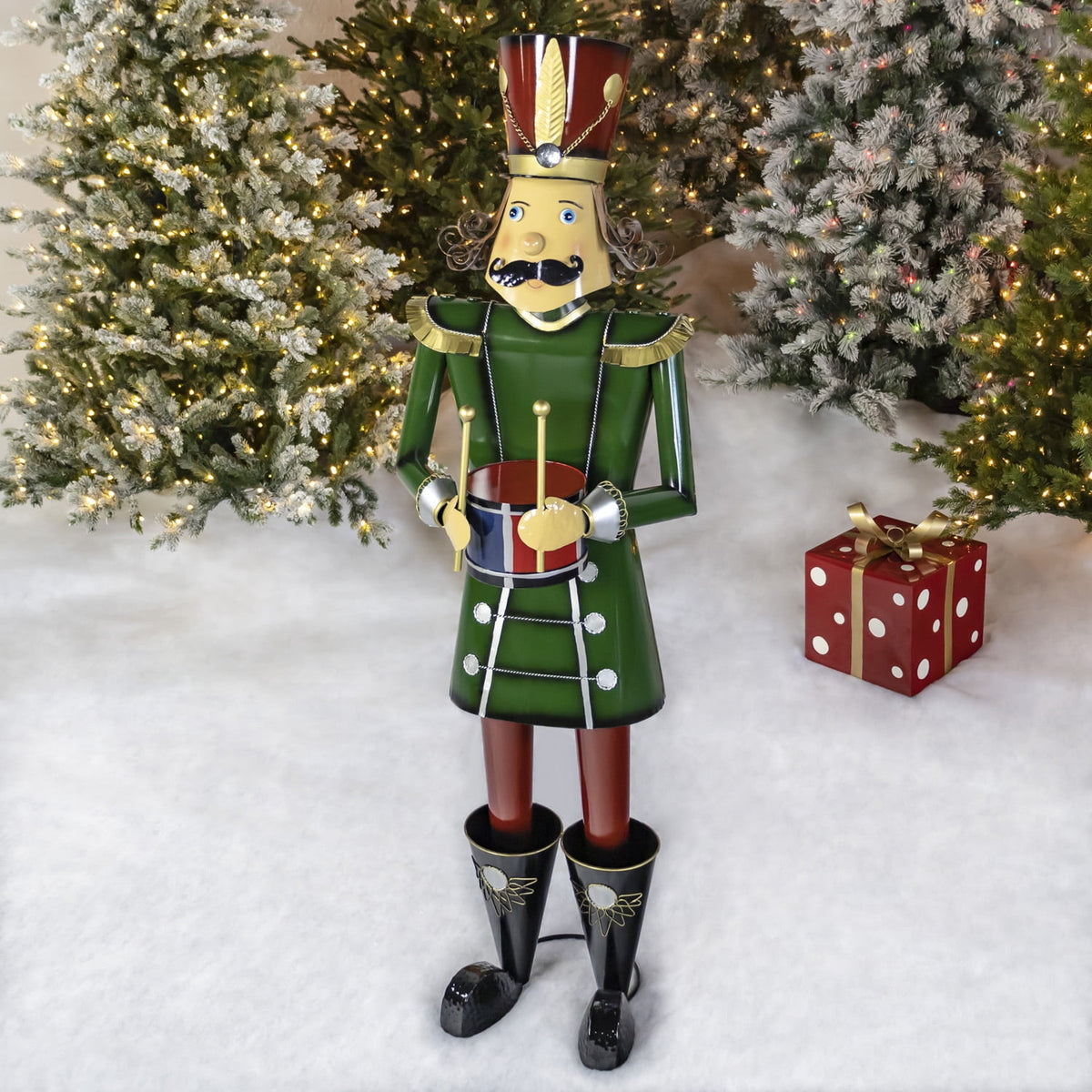 59” Tall Iron Christmas Green Nutcracker Holding Drum “Leo”