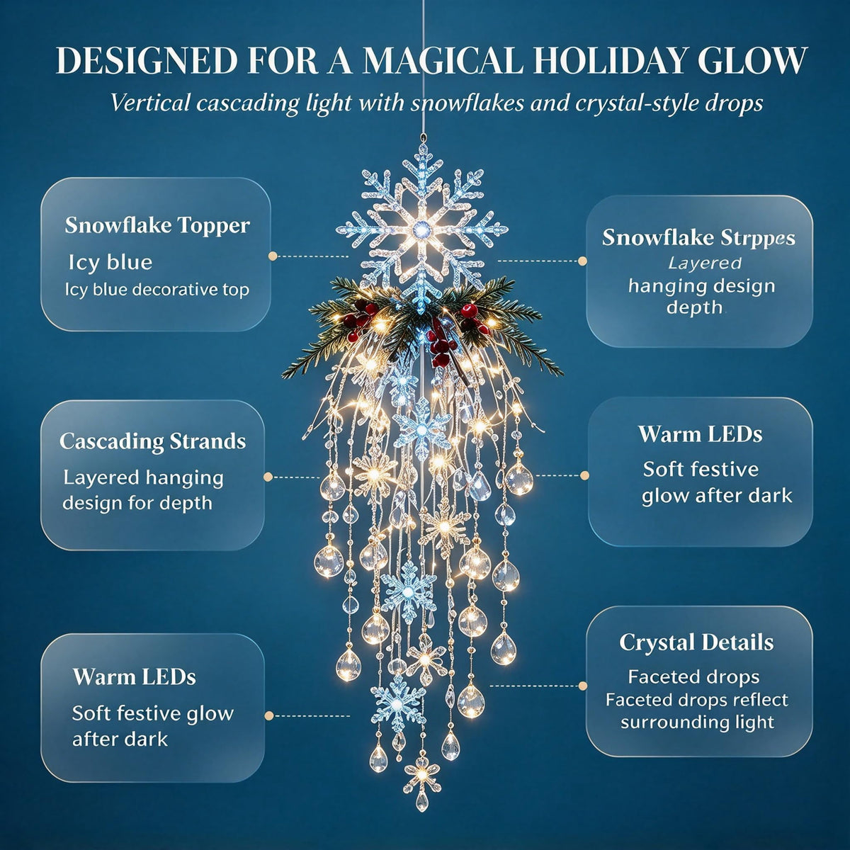 Crystal Cascade Christmas Light - Hanging Snowflake & Crystal LED Porch Decor(Blue light ball)