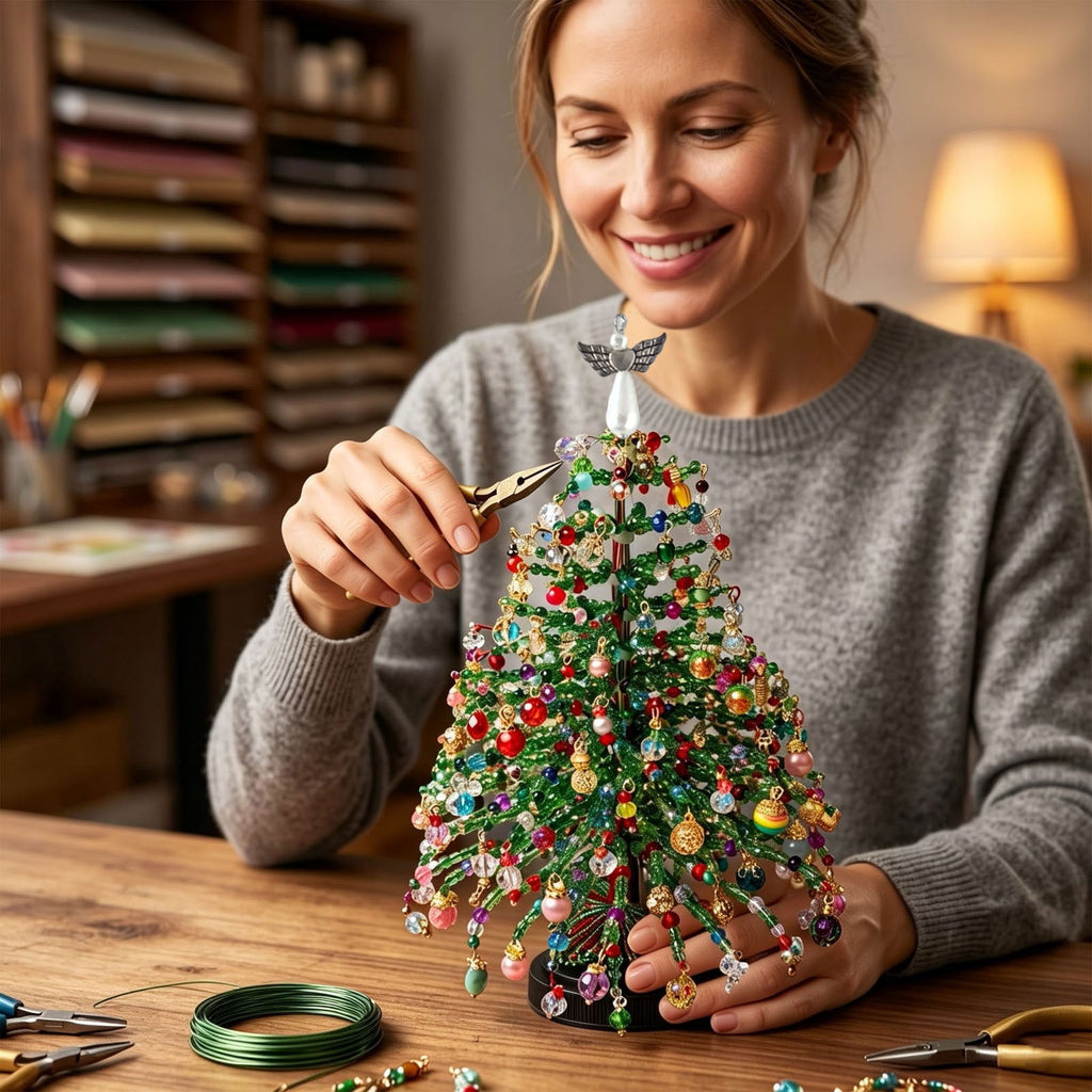 DIY Beaded Christmas Tree Kit - Handmade Mini Tabletop Xmas Tree with Santa Topper, Built-In Warm Lights, Holiday Decor Craft Gift for Adults