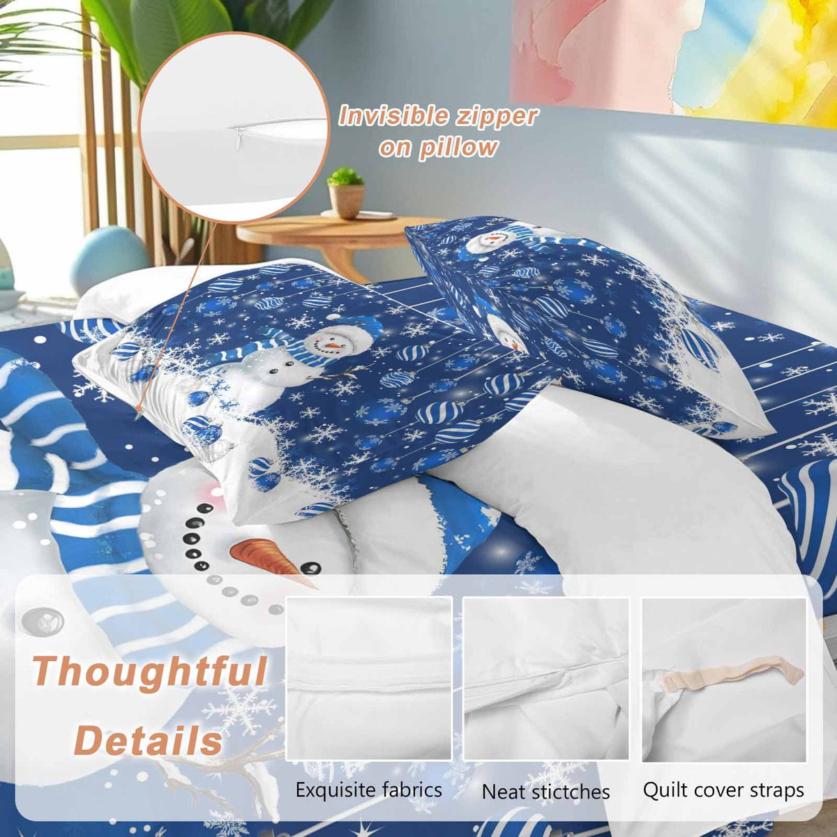 Christmas Blue Snowman 4 Piece Duvet Cover Set Full Size Xmas Balls Snowflake Soft Bedding Set Comforter Cover, 1 Duvet Cover 1 Flat Sheets and 2 Pillowcases