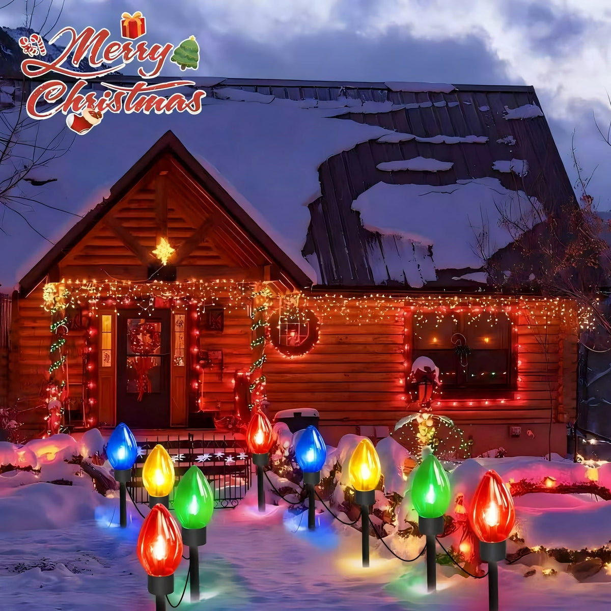 ZOEYKIMLO C9 Christmas Pathway Lights Outdoor 12-Count, Outdoor Xmas Decorations String Lights with C9 Stakes Lights 8LED, for Walkway Yard Lawn Sidewalk Driveway Garden, 2PACK