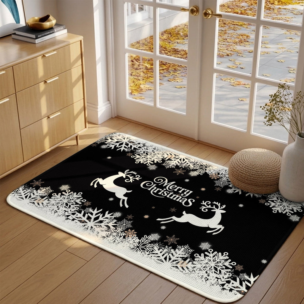 Black Christmas Washable Area Rugs for Living Room Bedroom, Large Non Slip Indoor Floor Carpet Absorbent Low Pile Elk Xmas Snowflake Winter Deer Door Mat Rugs for Bathroom Entryway 47.2"x63"