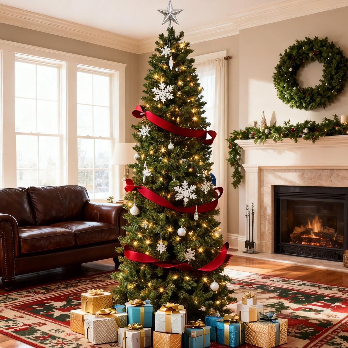9ft Pre-Lit Slim Artificial Christmas Tree, Hinged Xmas Tree with Hinged Structure & Metal Stand for Home, Shops and Holiday Decoration
