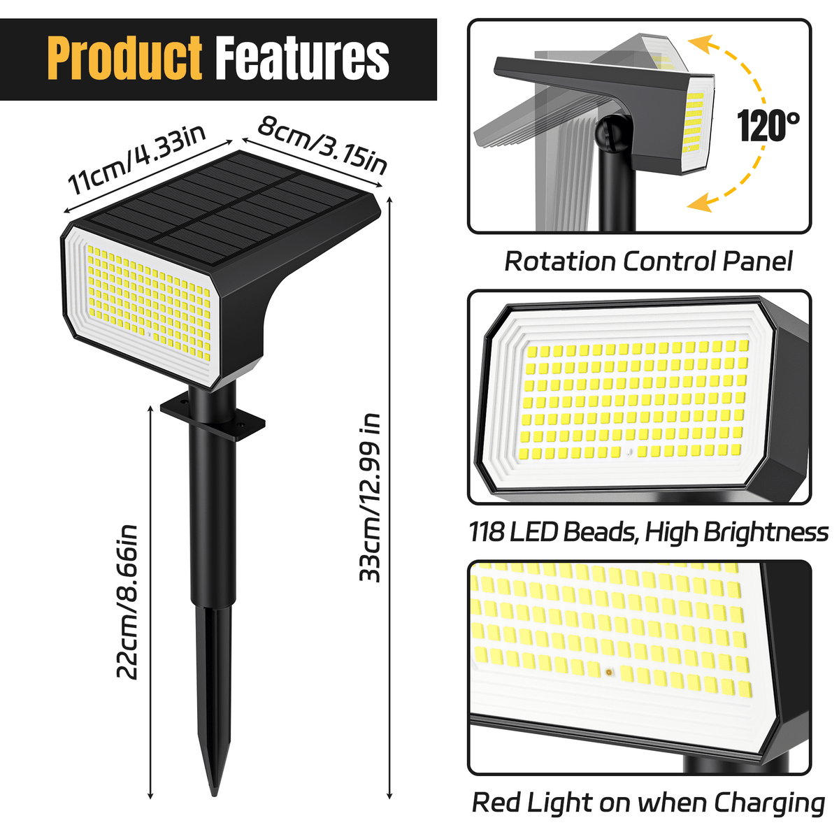 Flaow Solar Lights Outdoor, 8 pack,118 LED Solar Spotlights with 4 Modes, IP67 Waterproof Auto On/Off for Garden, Yard, Pathway, Lawn-Cool White