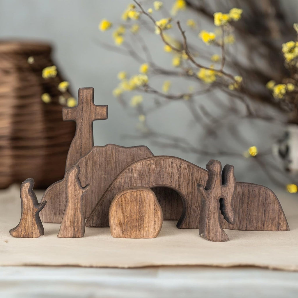TETOU 7pcs Easter Scene and Cross Decoration, Wooden Easter Resurrection Scene Cross Jesus Tomb Tray Set,Jesus Nativity Scene Decor for Easter Religious Home Office Tabletop Christian Gifts
