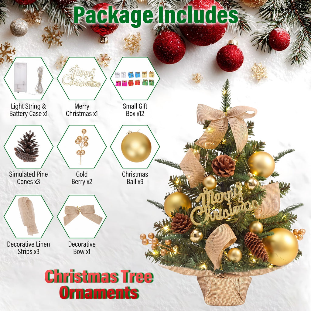 22" Mini Christmas Tree with 30 LEDs, Red Berries & Pinecones, DIY Kit, Battery Powered Tabletop Tree Christmas Decorations Gifts for Dorms, Offices, Home, Classrooms Desks & Small Spaces