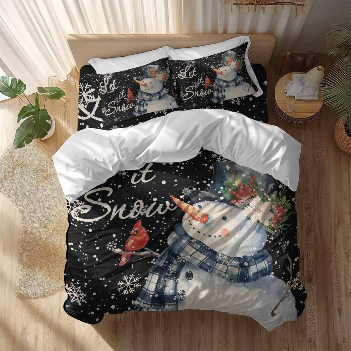 Christmas Watercolor Bedding Duvet Cover Set Queen Size 4 Pieces Snowman Snowflakes Black Vintage Bedding Set with Zipper Closure, 1 Comforter Cover 90x90 Inches 1 Flat Sheet & 2 Pillow Cases