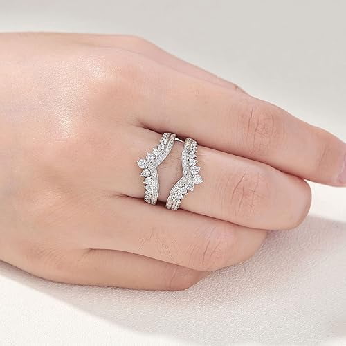Rag Jewels 14K White Gold Plated 2.30 Ct Round Cut White Diamond Engagement Crown Double Enhancer for Engagement Christmas Thanksgiving Enhancer Guard Wrap Ring 925 Sterling Silver For Women's -4.5