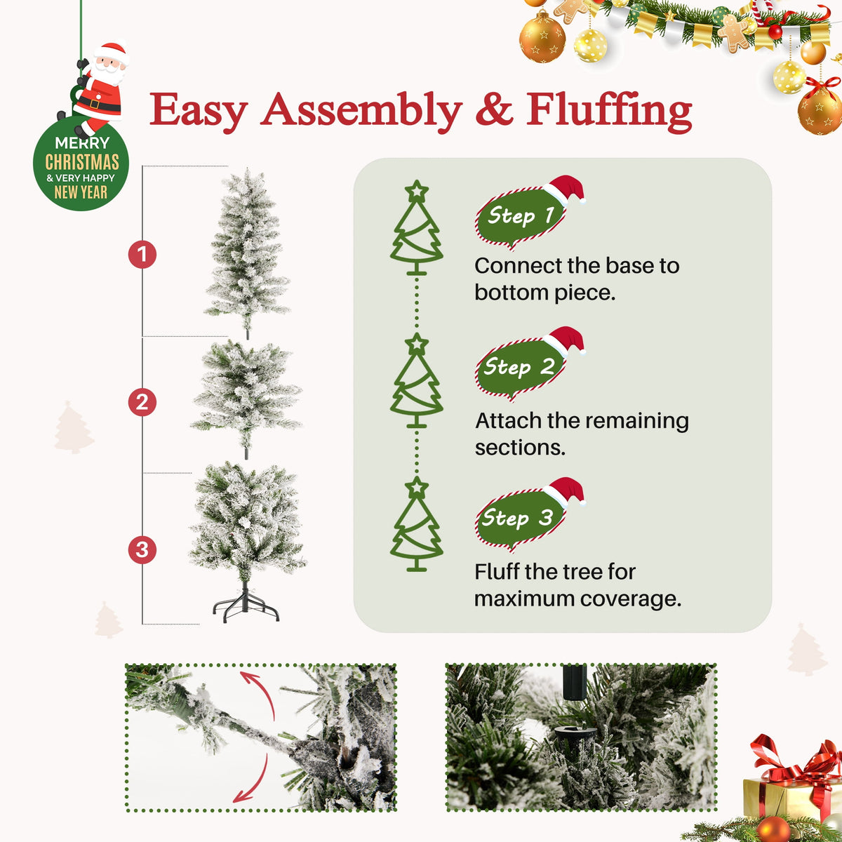 edx 6ft Pre-lit Pencil Christmas Tree, Green Artificial Spruce Slim Christmas Trees, With 250 LED Lights, 571 Branch Tips & Foldable Base, For Home, Office, Party Decoration