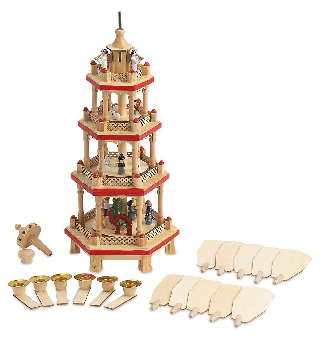 German Christmas - 17 Inch Spinning Nativity Table Top Holiday Décor, 4-Tier Carousel with Candle Holders