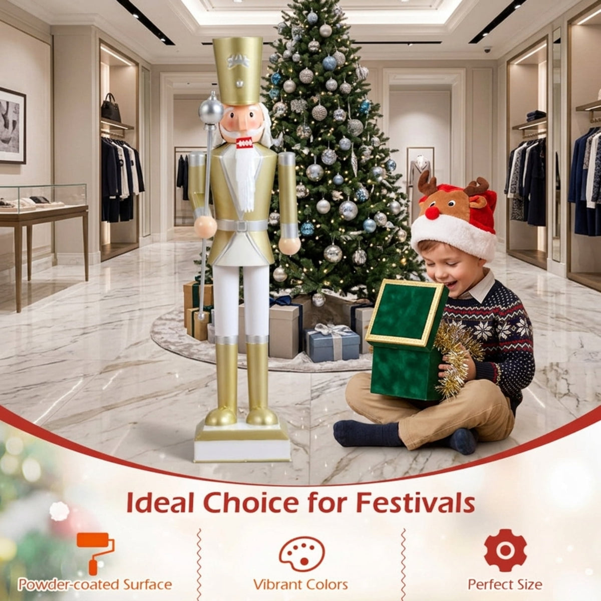RUIE 4FT Christmas Nutcracker with High Hat and Scepter, White & Golden Metal Nutcracker Soldier with Hidden Storage for Indoor Outdoor Holiday