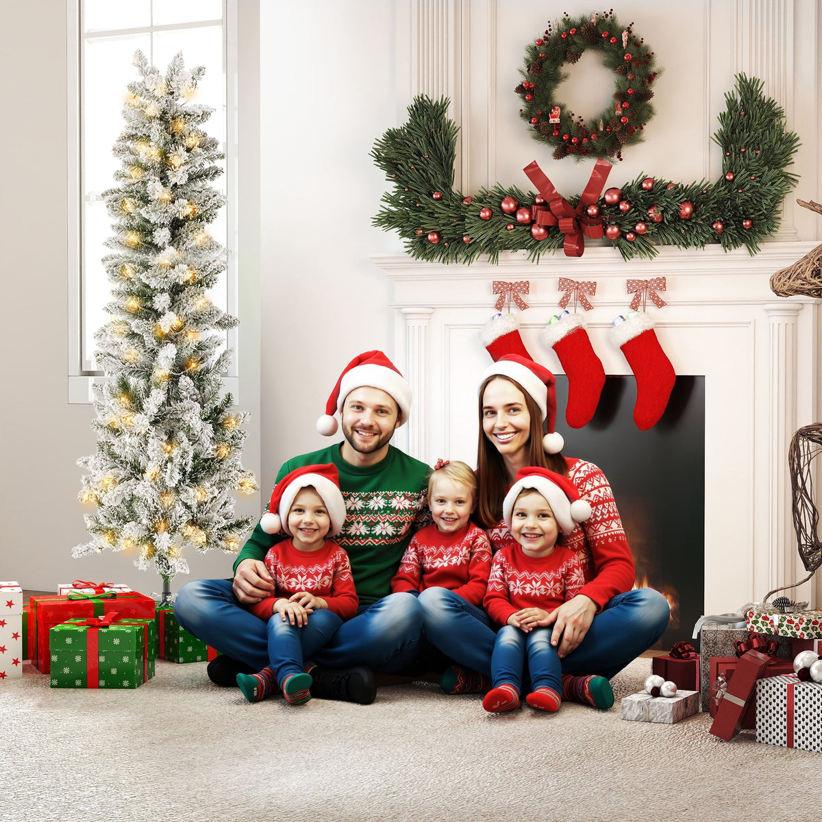 edx 6ft Pre-lit Pencil Christmas Tree, Green Artificial Spruce Slim Christmas Trees, With 250 LED Lights, 571 Branch Tips & Foldable Base, For Home, Office, Party Decoration