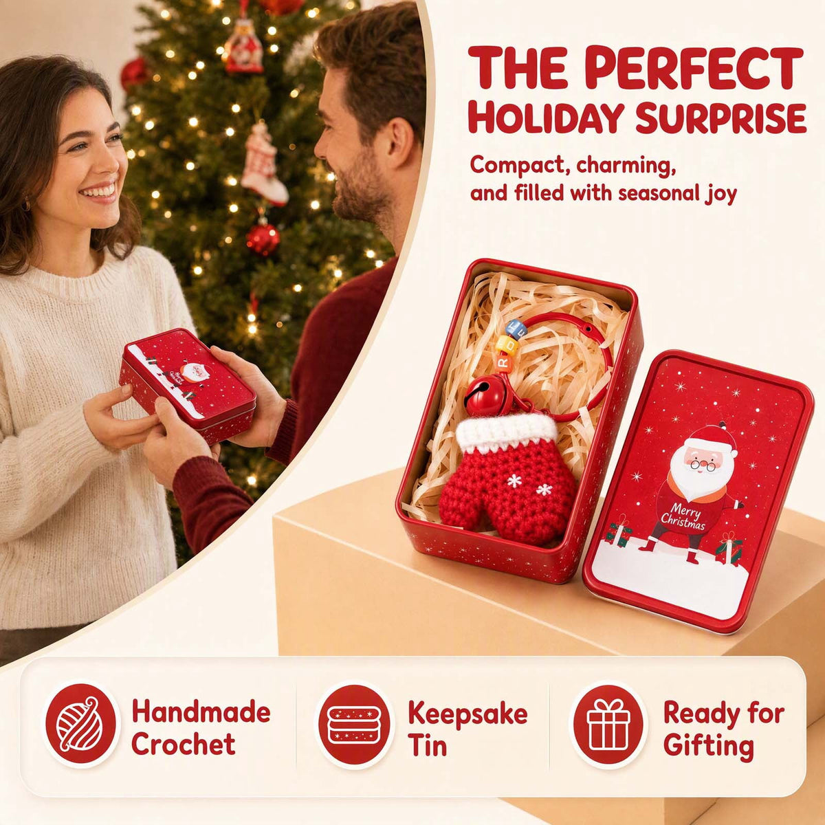 Christmas Tin Box with Plush Toy Surprise Gift Set Holiday Storage Container for s Stocking Stuffer(A)
