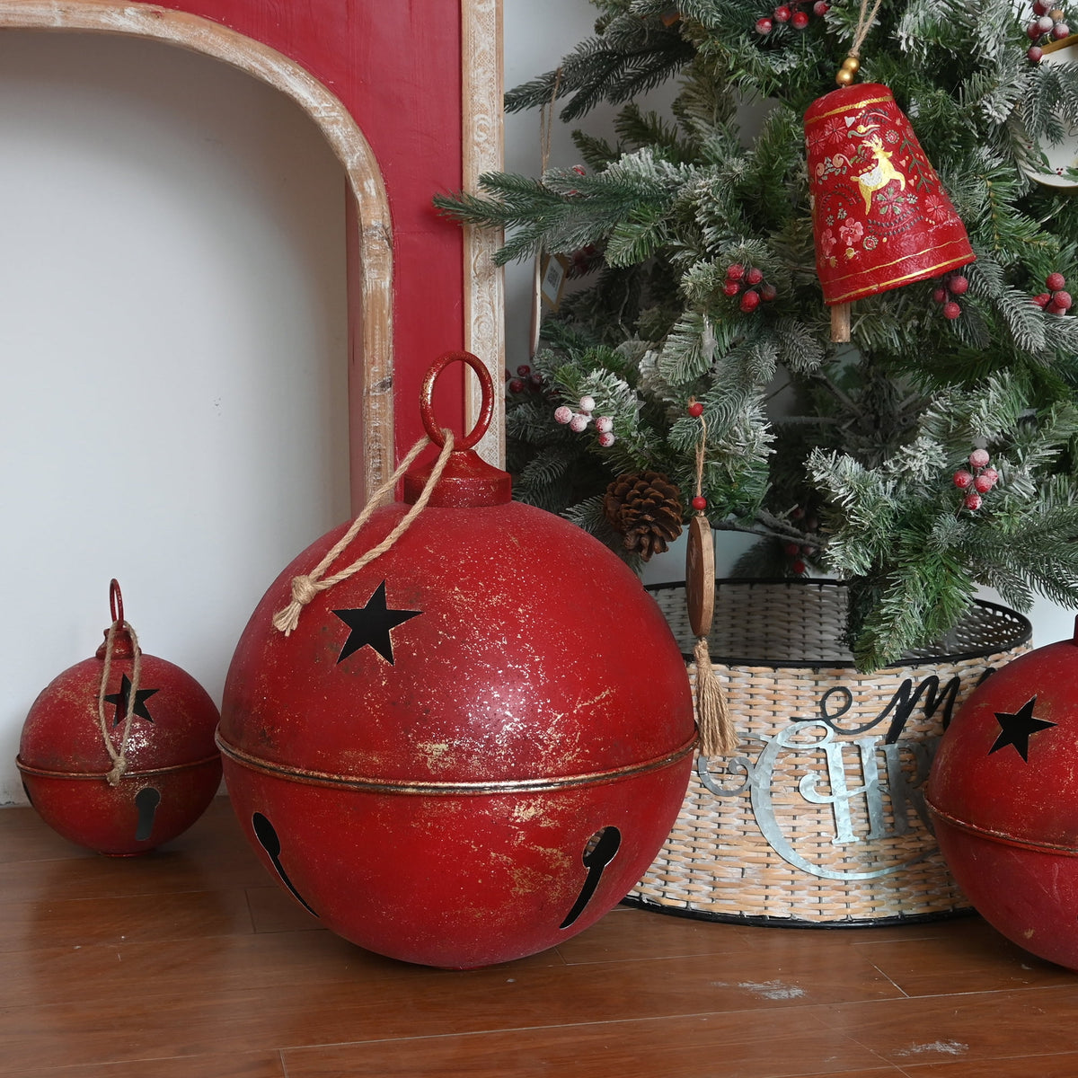 16inch Large Christmas Ball Ornament for Christmas Decoration, Vintage Christmas Bells Decor for Tree, Mantel, Farmhouse Holiday Home & Outdoor Decorations