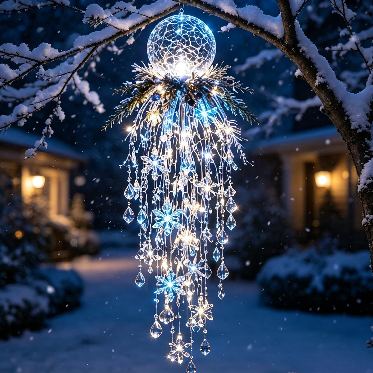 Crystal Cascade Christmas Light - Hanging Snowflake & Crystal LED Porch Decor(Blue light ball)