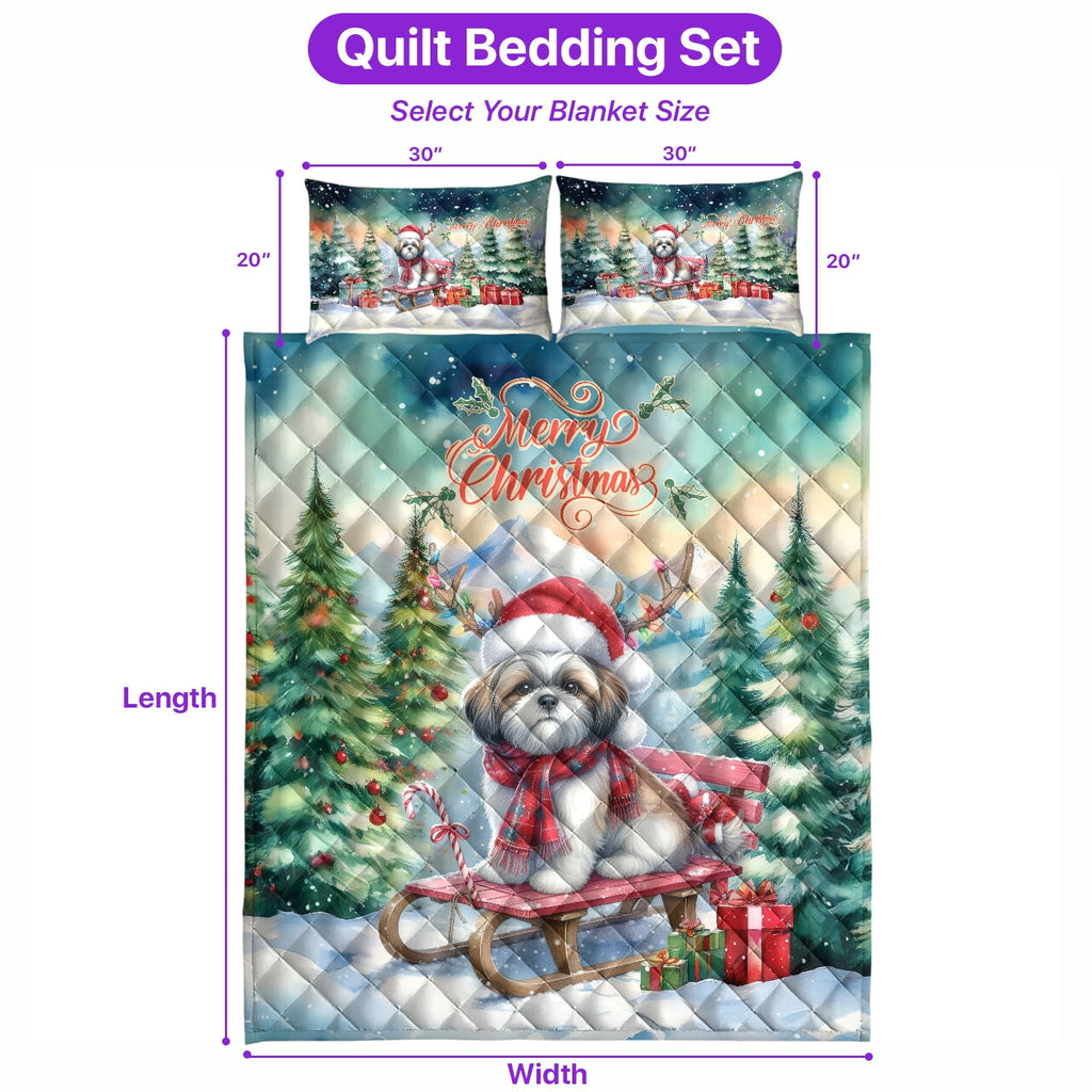 Merry Christmas Santa Reindeer Antlers French Bulldog Sleigh Xmas Winter Holiday Quilt Bedding Set Dog Lover Gifts 1 Blanket Bed Cover 2 Pillowcases - 00023
