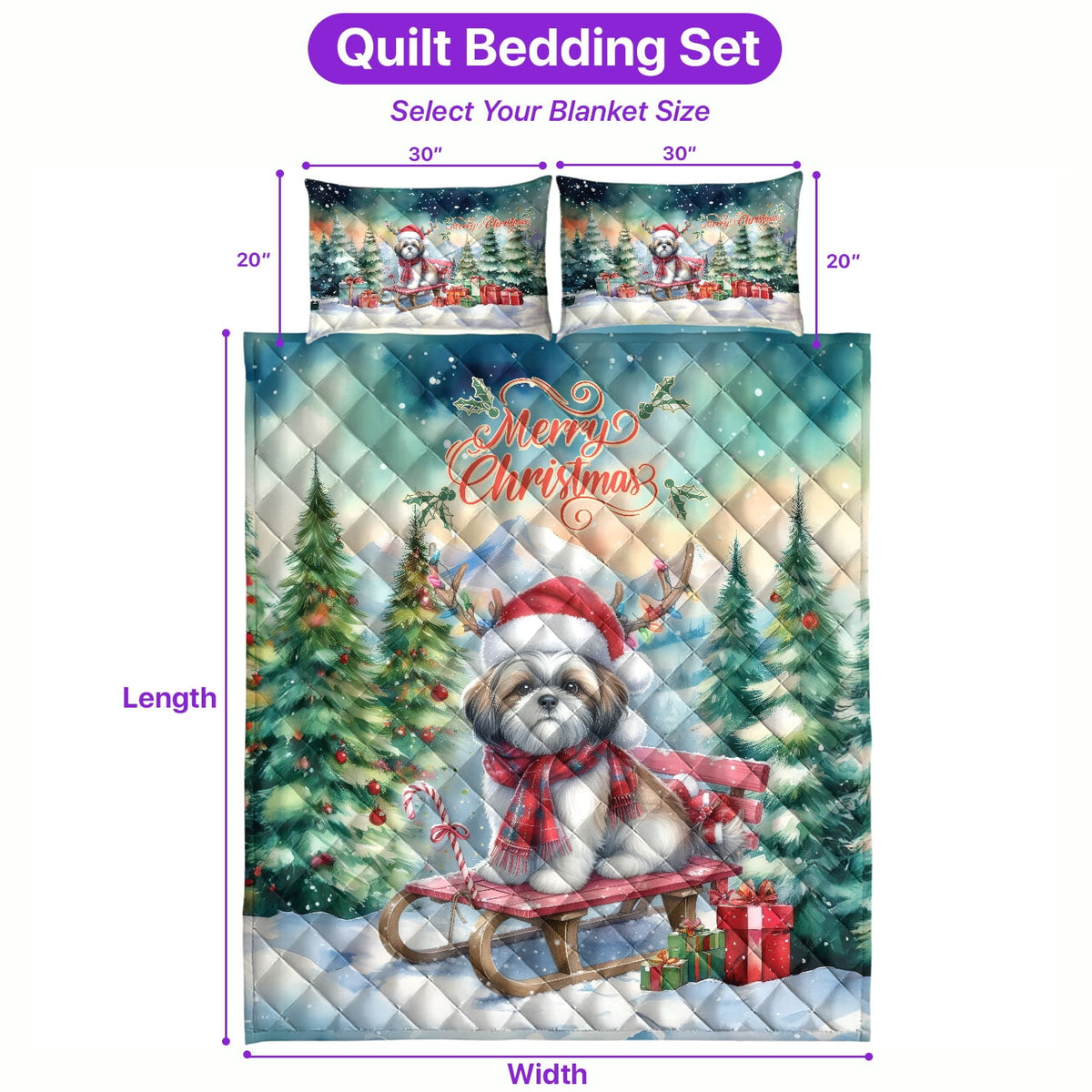 Merry Christmas Santa Reindeer Antlers French Bulldog Sleigh Xmas Winter Holiday Quilt Bedding Set Dog Lover Gifts 1 Blanket Bed Cover 2 Pillowcases - 00023