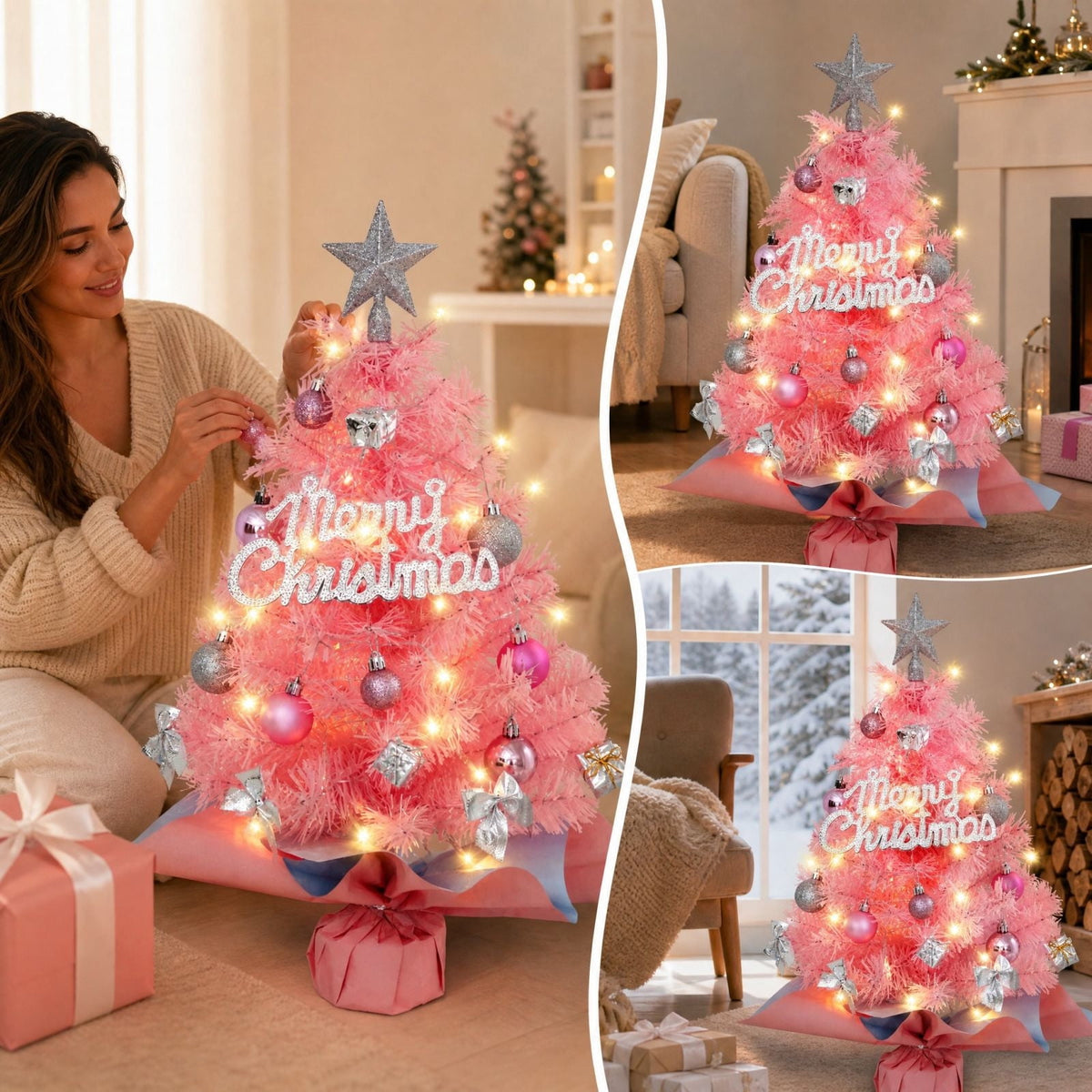 DIY Beaded Christmas Tree Kit - Handmade Mini Tabletop Xmas Tree with Santa Topper, Built-In Warm Lights, Holiday Decor Craft Gift for Adults