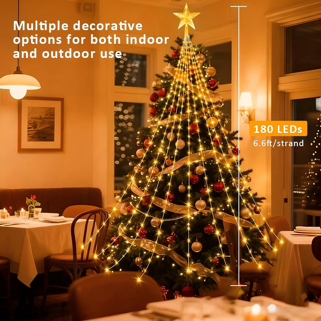 PMMIPNW Christmas Tree Lights Plug in 180LED, 8 Modes Christmas String Light with Topper Star, Waterfall Xmas Tree Lights with Timer for 6ft - 8ft Tree Wall Decoration (Multicolor)