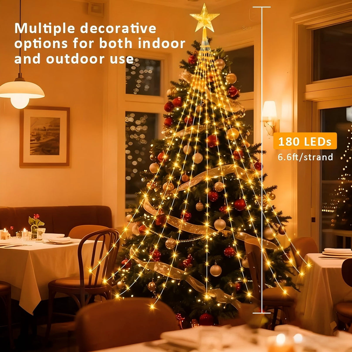 PMMIPNW Christmas Tree Lights Plug in 180LED, 8 Modes Christmas String Light with Topper Star, Waterfall Xmas Tree Lights with Timer for 6ft - 8ft Tree Wall Decoration (Multicolor)