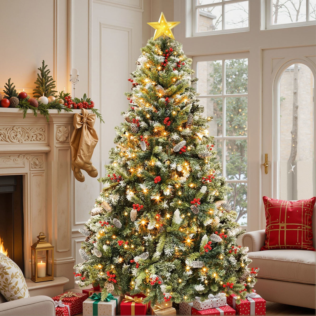 Uforic 7.5ft Pre-Lit Artificial Christmas Tree with 1398 Branch Tips&550 Lights, Remote Control, Green