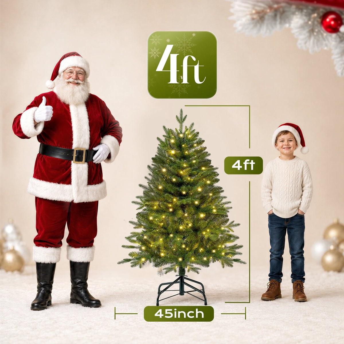 Goosiay Pre-Lit Hinged Artificial Christmas Tree with 100 Warm White and Multicolor LED Lights, PE & PVC Mixed Tips, 4 ft