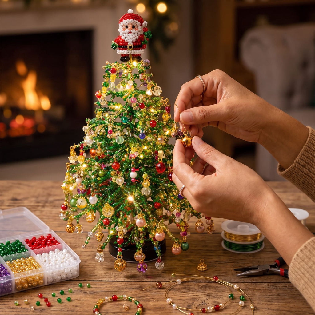 DIY Beaded Christmas Tree Kit - Handmade Mini Tabletop Xmas Tree with Santa Topper, Built-In Warm Lights, Holiday Decor Craft Gift for Adults