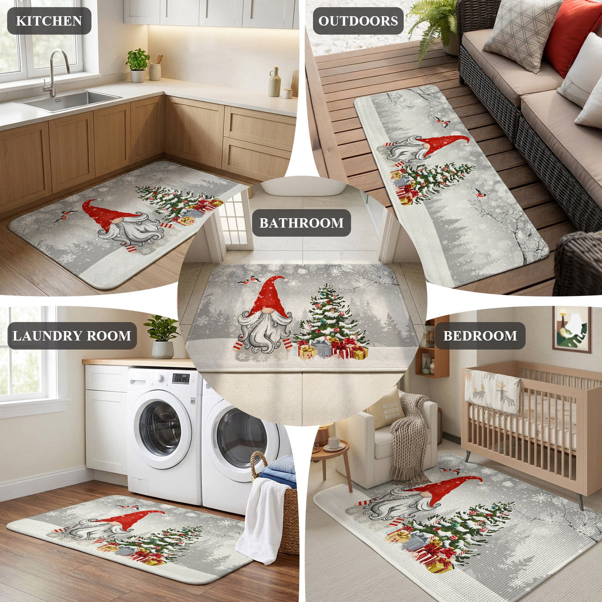 Pink Gnomes Christmas Washable Area Rugs for Living Room Bedroom, Large Non Slip Indoor Floor Carpet Absorbent Xmas Tree Gifts Winter Snowflake Birds Door Mat Rugs for Bathroom Entryway 47.2"x63"