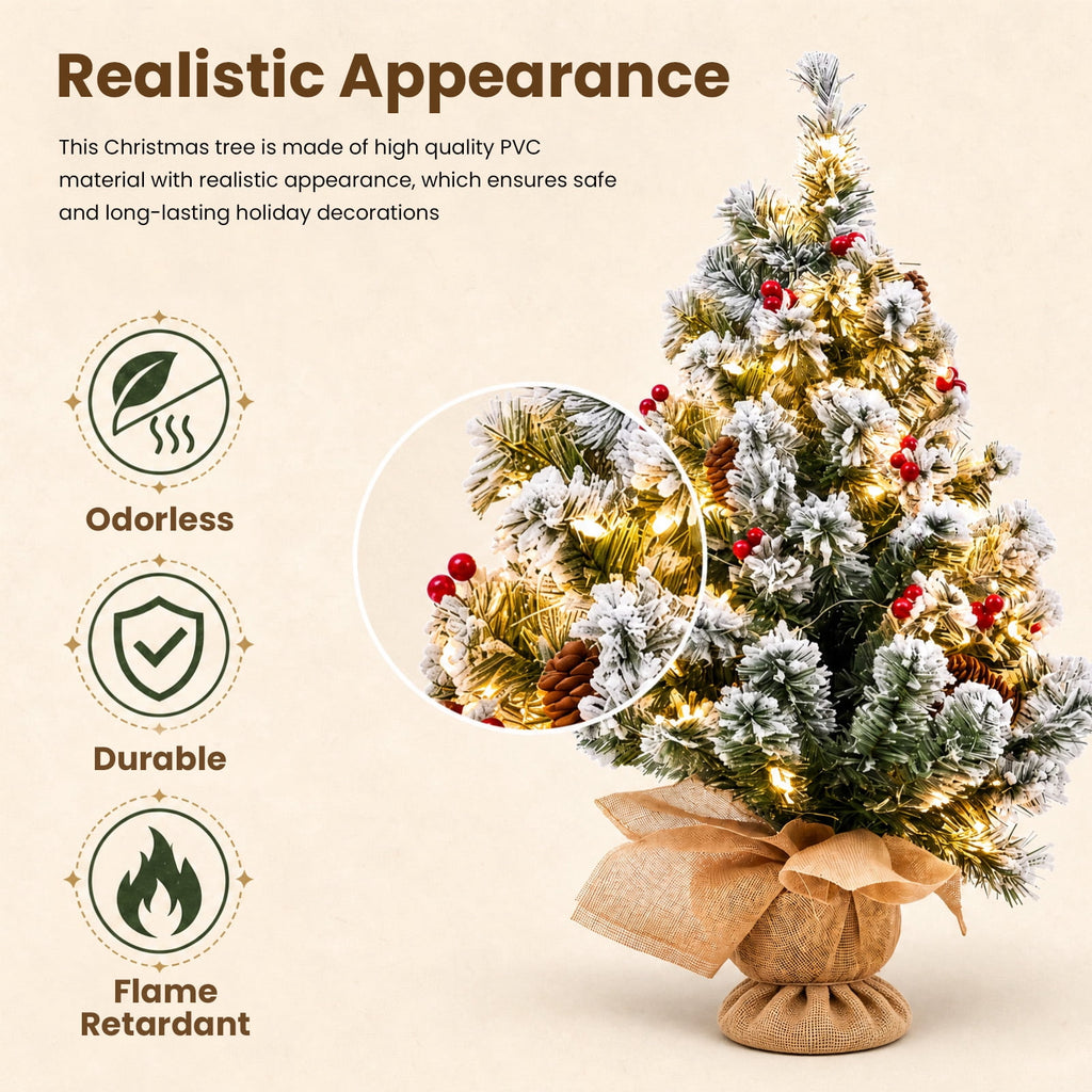 22" Mini Christmas Tree with 30 LEDs, Red Berries & Pinecones, DIY Kit, Battery Powered Tabletop Tree Christmas Decorations Gifts for Dorms, Offices, Home, Classrooms Desks & Small Spaces
