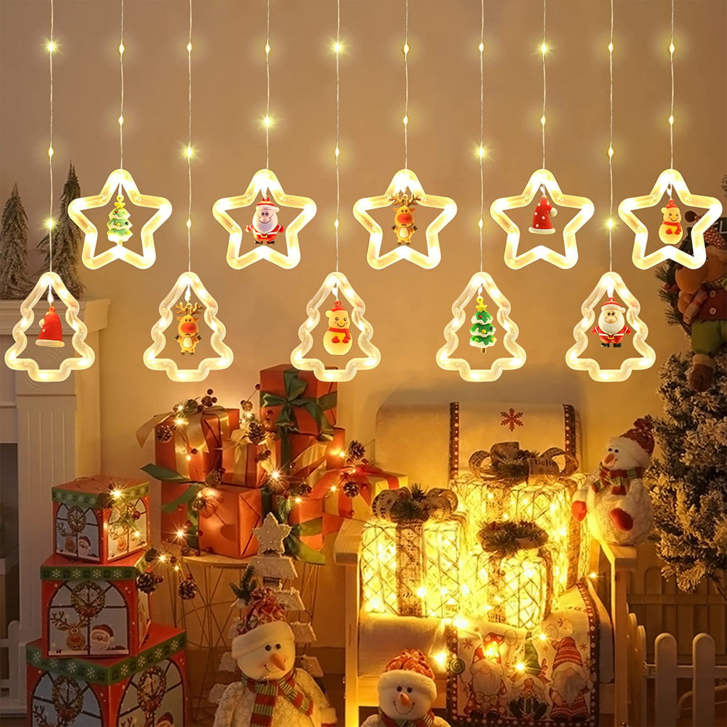 WILLED Christmas String Lights, 120 LED Window Curtain Lights with Christmas Ornaments, 9.8ft USB Powered Warm White Waterproof Fairy Lights Indoor Outdoor for Xmas Tree Patio Garden Party Home Decor