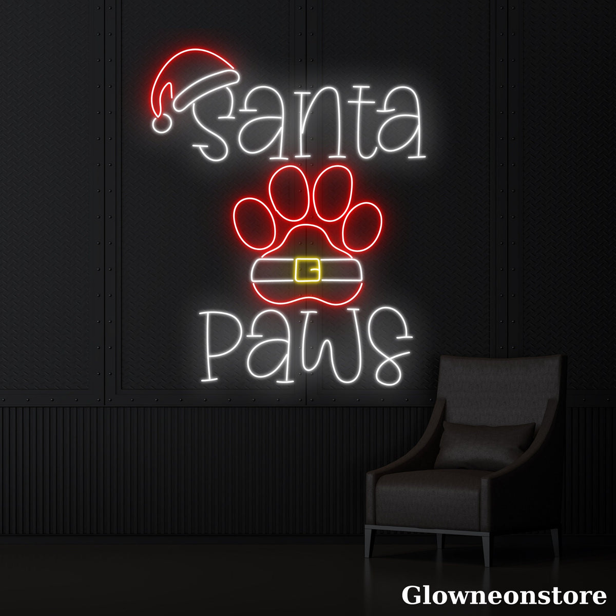 Glowneon Santa Paws Neon Sign, Santa Led Sign, Santa Hat Neon Led Sign, Christmas Decor