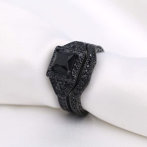 Rag Jewels 925 Sterling Silver 2.00 Ct Princess Cut Black Diamond Wedding Engagement Christmas Bridal Ring Set 14K Black Gold Plated For Women's -5