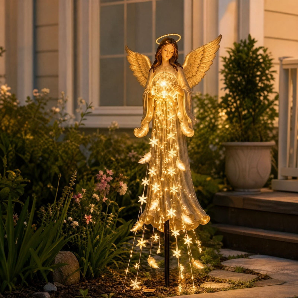 Luckky Santa’s Flying Sleigh Gift Cascade Solar Christmas Garden Light,Warm Golden Cascading LED Lights with Falling Gifts & Star,Solar Powered Outdoor Holiday Decor for Lawn,Pathway & Yard