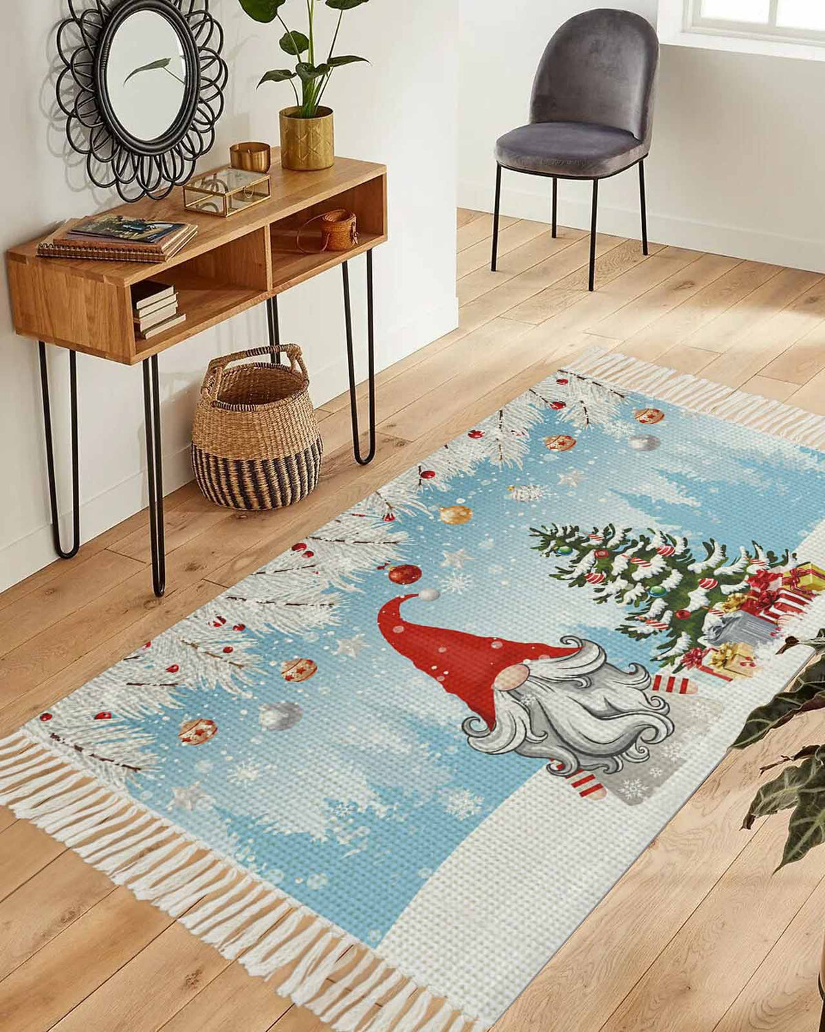 Grey Red Christmas Large Area Rug 4x6ft Woven Runner Rug,Snowflake Gnomes Xmas Tree Winter Gifts Living Room Bedroom Kitchen Bathroom Classroom Carpet with Tassels,Indoor Outdoor Throw Door Mat