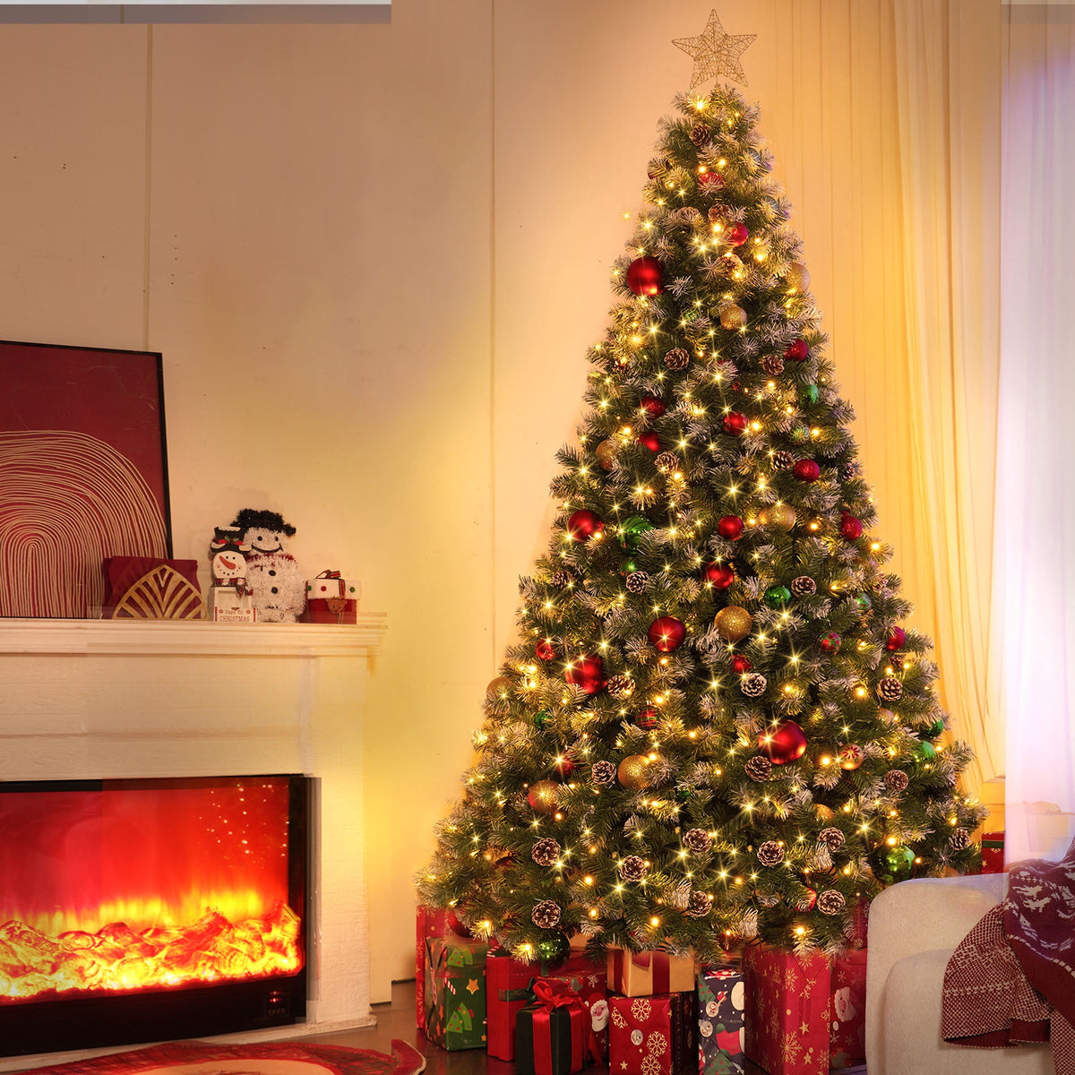 Yexmas 6ft Pre-Lit Christmas Tree with Tree Topper, 8 Modes LED Lights, Artificial Xmas Tree with Large Storage Bag