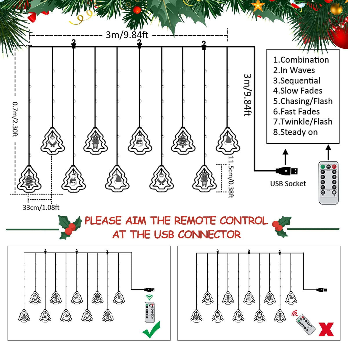 WILLED Christmas String Lights, 120 LED Window Curtain Lights with Christmas Ornaments, 9.8ft USB Powered Warm White Waterproof Fairy Lights Indoor Outdoor for Xmas Tree Patio Garden Party Home Decor