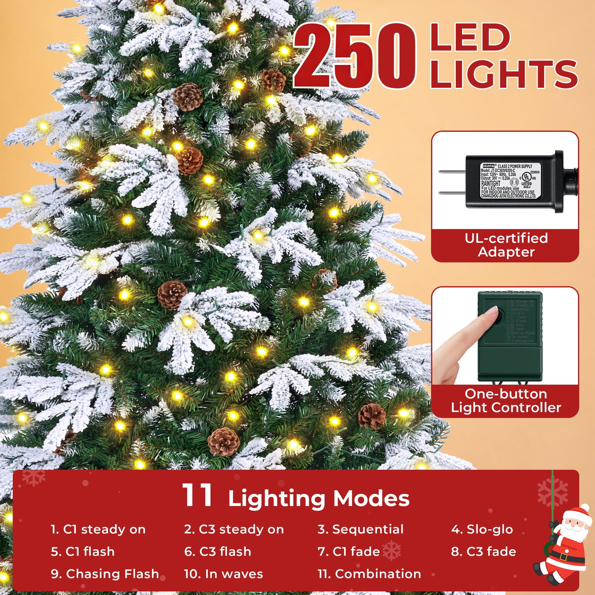 Firstness 6ft Artificial Christmas Tree with 1000 Branches and 250 LED Lights, Pre-Lit Flocked Xmas Tree,11 Lighting Modes,Pine Cones