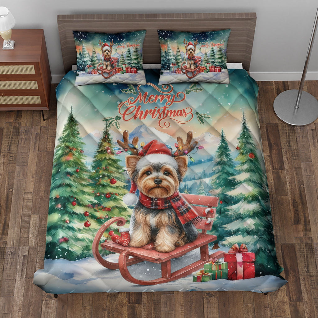 Merry Christmas Santa Reindeer Antlers French Bulldog Sleigh Xmas Winter Holiday Quilt Bedding Set Dog Lover Gifts 1 Blanket Bed Cover 2 Pillowcases - 00023