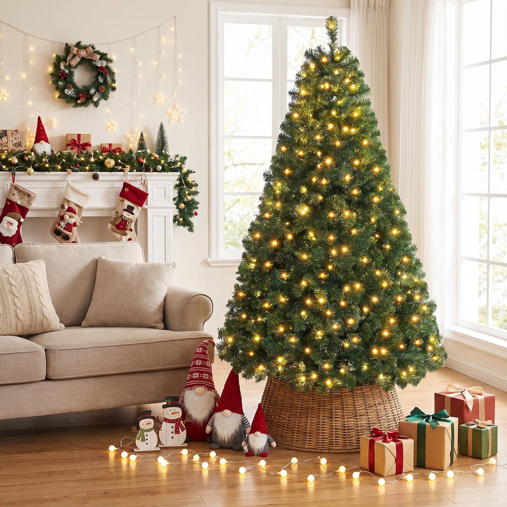 Costway 7Ft Pre-Lit PVC Hinged Christmas Tree 300 LED Lights Green