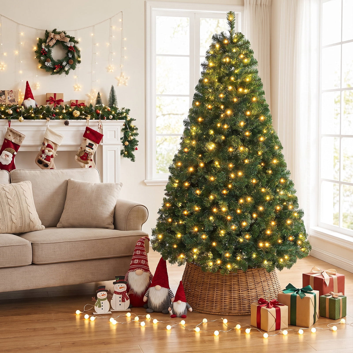 Costway 7Ft Pre-Lit PVC Hinged Christmas Tree 300 LED Lights Green