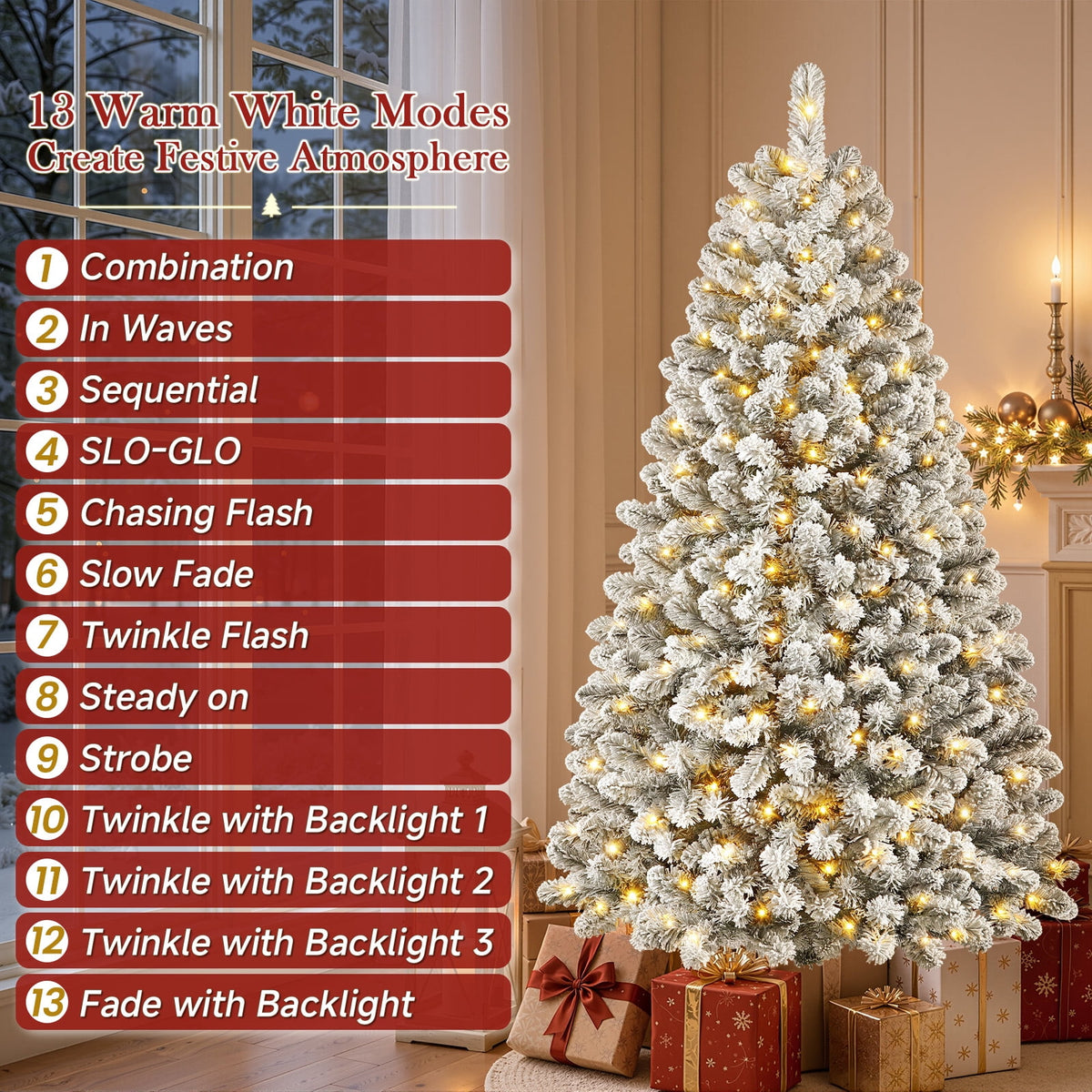 Lolsea 7ft Prelit Snow Flocked Artificial Holiday Christmas Tree w/ Warm White Lights, Foldable Stand, Full Snow Branch Tips