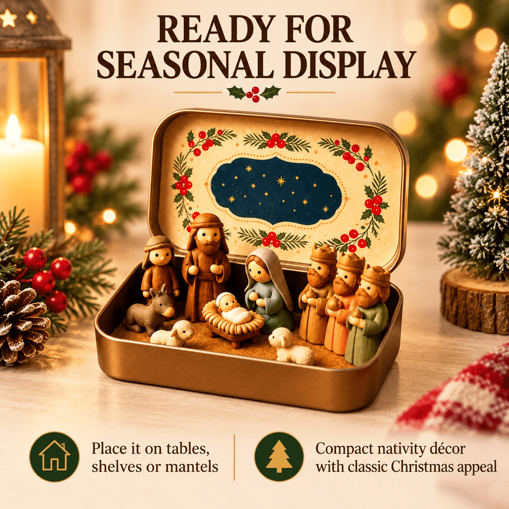 Christmas Nativity Scene in a Tin Mini Manger Scene Portable Tin Box Tabletop Decor for Mantel Shelf Fireplace Desk Holiday Decoration