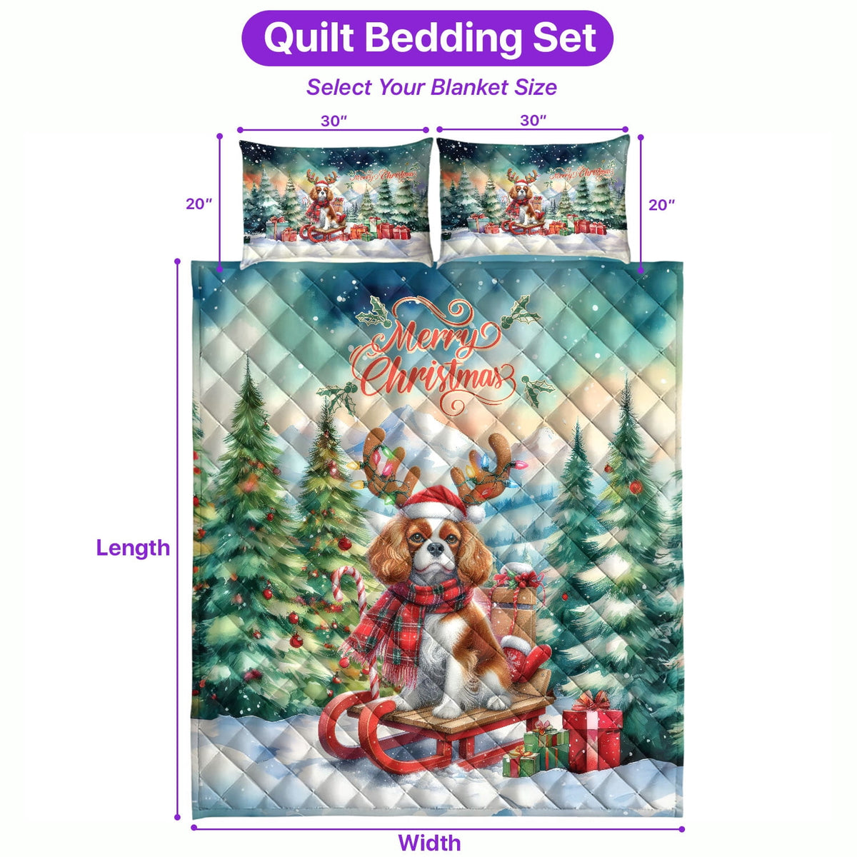 Merry Christmas Santa Reindeer Antlers French Bulldog Sleigh Xmas Winter Holiday Quilt Bedding Set Dog Lover Gifts 1 Blanket Bed Cover 2 Pillowcases - 00023