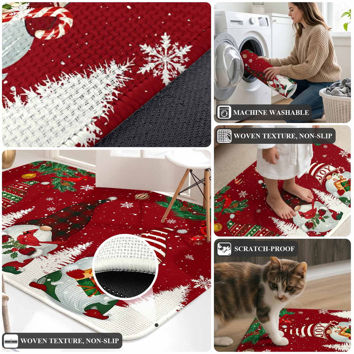 Hallway Runner Rug 31.5"x78.7",Christmas Gnomes Absorbent Non Slip Indoor Outdoor Carpet,Red Joy Pine Branches Cardinal Birds Low Profile Runner Rugs for Corridor Kitchen Laundry Room Entryway