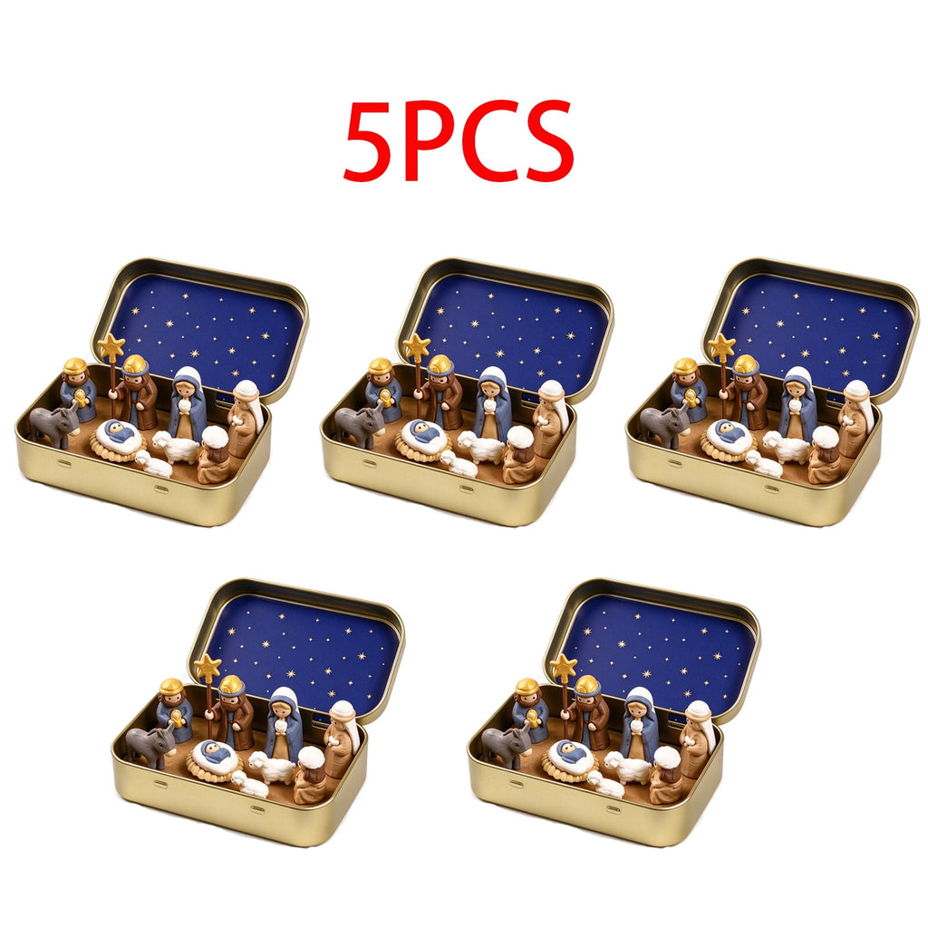 Daghihgewr Mini Christmas Nativity Set Tabletop Tin Box Multicolor Indoor Religious Ornament 1-Count 3.9 x 2.8 x 1.2 Inch