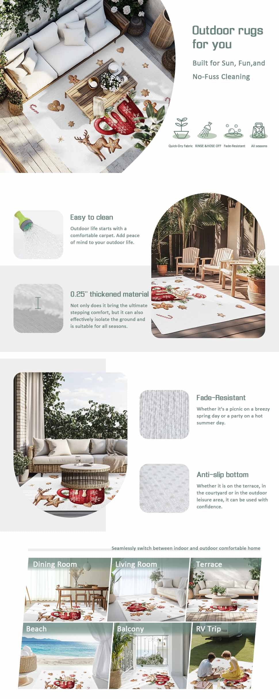 Christmas Outdoor Rug for Patio/Deck/Porch, Non-Slip Large Area Rug 6 x 9 Ft, Xmas Deer Ice Cream Cookies Candy Pine Needles Indoor Outdoor Rugs Washable Area Rugs, Camping Rug Carpet Runner