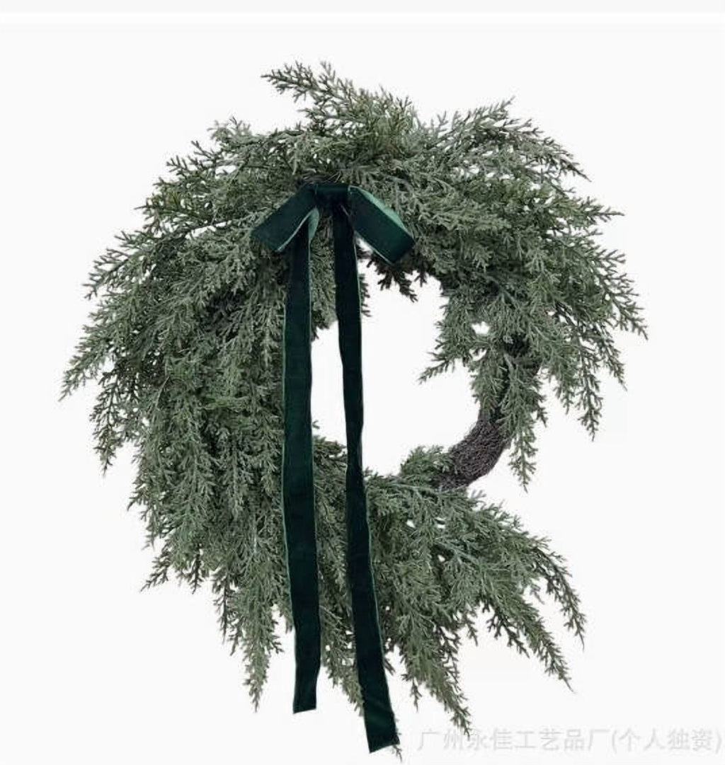 THOPBPRK Artificial Cedar Half Wreath for Front Door Christmas Decorations DIY Holiday with Bow Winter Hanging Ornament for Wall Window Home Decor, 23.6" A